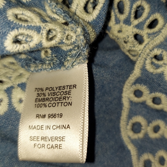 SOLD! Sale 🌞 Fever~Chambray Off the Shoulder White Eyelet Embroidered Top - Picture 6 of 15